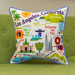 "Los Angeles Icons" Embroidered Throw Pillow  | Shag (Josh Agle) | The Shag Store (Sofa Front)
