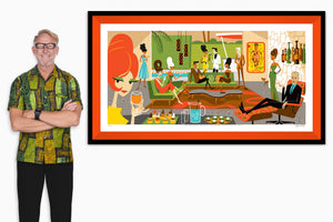 “The First Annual Meeting of the Society for Architectural Hair” Framed Fine Art Print with Shag (Josh Agle) | Tangerine Liner | The Shag Store