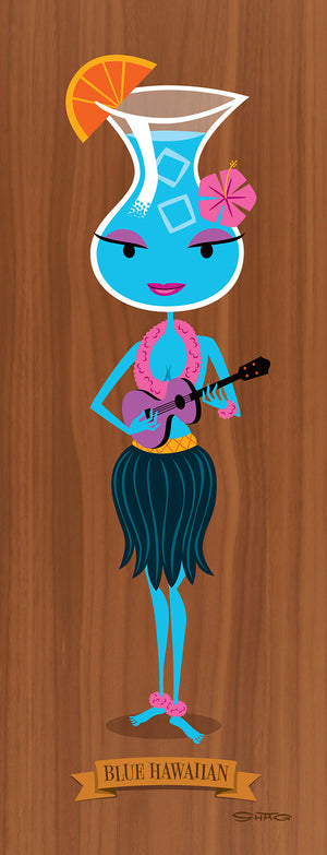 "Blue Hawaiian" Fine Art Print on Wood | "Notable Potables" Series | Shag (Josh Agle) | The Shag Store