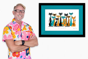 "Cat Conclave I" Framed Fine Art Print with Shag (Josh Agle) | Orange & Turquoise Edition | Jade Green Liner | The Shag Store