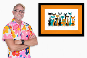 "Cat Conclave I" Framed Fine Art Print with Shag (Josh Agle) | Orange & Turquoise Edition | Orange Liner | The Shag Store