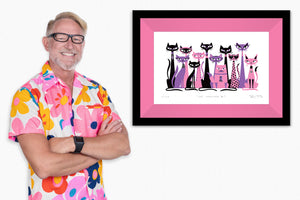 "Cat Conclave II" Framed Fine Art Print with Shag (Josh Agle) | Pink & Purple Edition | Candy Pink Liner | The Shag Store