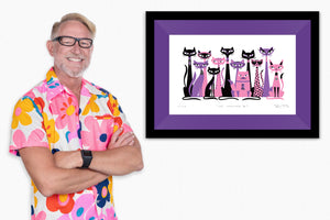 "Cat Conclave II" Framed Fine Art Print with Shag (Josh Agle) | Pink & Purple Edition | Purple Liner | The Shag Store