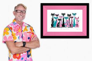 "Cat Conclave III" Framed Fine Art Print with Shag (Josh Agle) | Pink & Turquoise Edition | Candy Pink Liner | The Shag Store