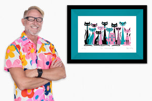 "Cat Conclave III" Framed Fine Art Print with Shag (Josh Agle) | Pink & Turquoise Edition | Jade Green Liner | The Shag Store