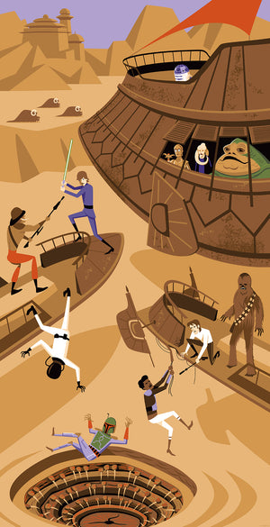 Star Wars: "Return of the Jedi" 40th Anniversary | "Clash at Carkoon" Fine Art Print | | Officially Licensed | ©️ & ™️ Lucasfilm Ltd. | SDCC 2023 | Shag (Josh Agle) | The Shag Store
