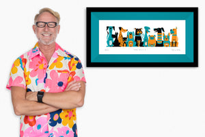 "Dog Meet I" Framed Fine Art Print with Shag (Josh Agle) | Orange & Turquoise Edition | Jade Green Liner | The Shag Store