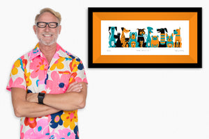 "Dog Meet I" Framed Fine Art Print with Shag (Josh Agle) | Orange & Turquoise Edition | Orange Liner | The Shag Store