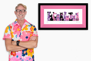 "Dog Meet II" Framed Fine Art Print with Shag (Josh Agle) | Pink & Purple Edition | Candy Pink Liner | The Shag Store
