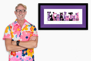 "Dog Meet II" Framed Fine Art Print with Shag (Josh Agle) | Pink & Purple Edition | Purple Liner | The Shag Store