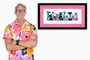 "Dog Meet III" Framed Fine Art Print with Shag (Josh Agle) | Pink & Turquoise Edition | Candy Pink Liner | The Shag Store