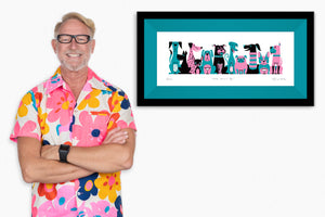"Dog Meet III" Framed Fine Art Print with Shag (Josh Agle) | Pink & Turquoise Edition | Jade Green Liner | The Shag Store
