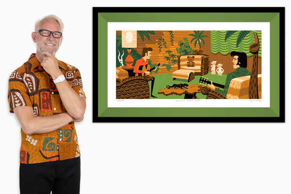 "Jungle Room Jam" Framed Fine Art Print with Shag (Josh Agle) | Elvis Presley's Graceland | Grass Green Liner | The Shag Store