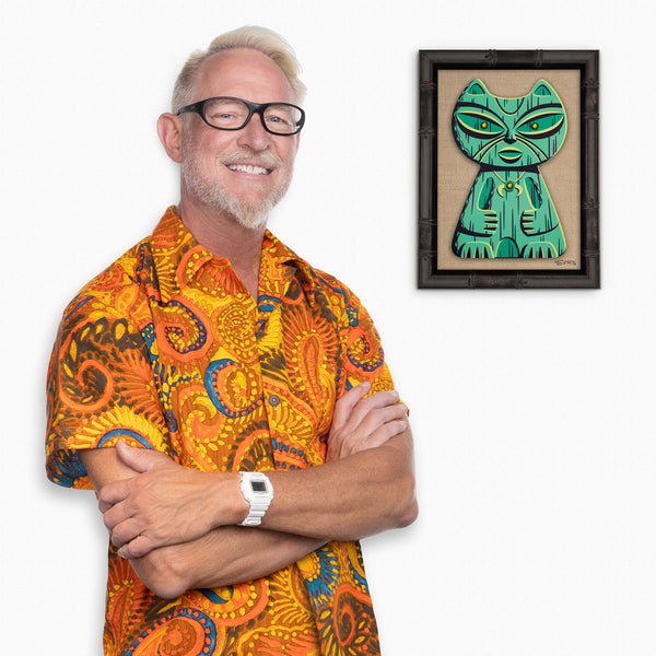 "Green Popoki" Feline Tiki Idol | Embellished Fine Art Print on Wood