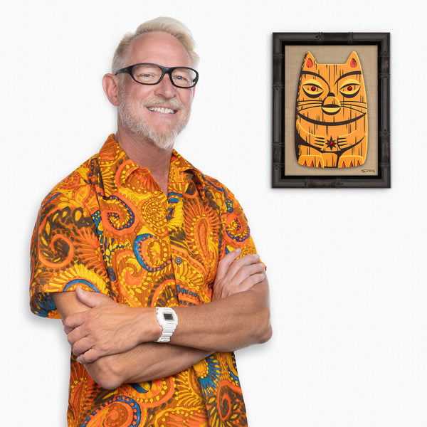 "Orange Popoki" Feline Tiki Idol | Embellished Fine Art Print on Wood