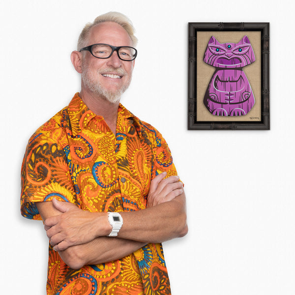 "Purple Popoki" Feline Tiki Idol | Embellished Fine Art Print on Wood