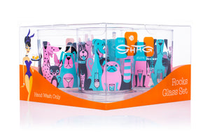 "Puppy Cocktail Party" Old Fashioned Glass Set | Teal & Pink | Shag (Josh Agle) | The Shag Store (Packaging)