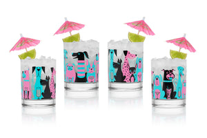"Puppy Cocktail Party" Old Fashioned Glass Set | Teal & Pink | Shag (Josh Agle) | The Shag Store (Promo)