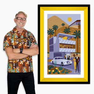 "The Aluminaire Affair" Framed Fine Art Print with Frey & Kocher's Aluminaire House | Shag (Josh Agle) | Corn Yellow Liner | The Shag Store