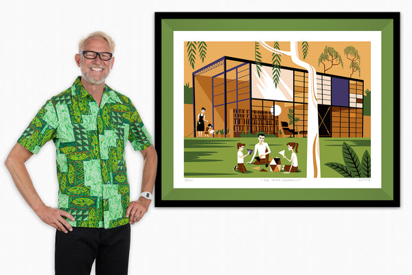 "The Third Generation" Framed Fine Art Print with Shag (Josh Agle) | The Eames House | Grass Green Liner | The Shag Store