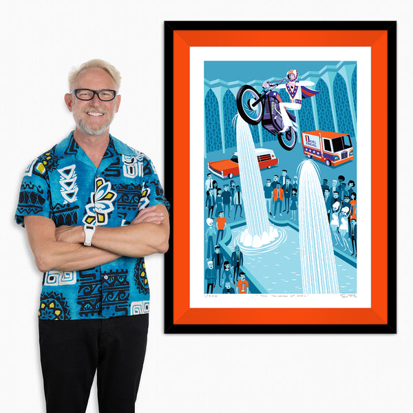 "The Triumph of Evel" Framed Fine Art Print with Shag (Josh Agle) | Officially Licensed | Evel Knievel ©️and ™️ K and K Enterprises, Inc. | Tangerine Liner | The Shag Store