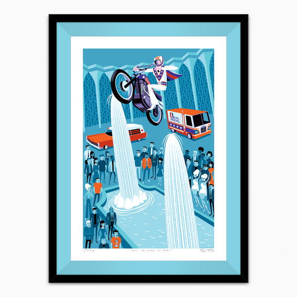 "The Triumph of Evel" Framed Fine Art Print | Officially Licensed | Evel Knievel ©️and ™️ K and K Enterprises, Inc. | Shag (Josh Agle) | Robin Egg Liner | The Shag Store