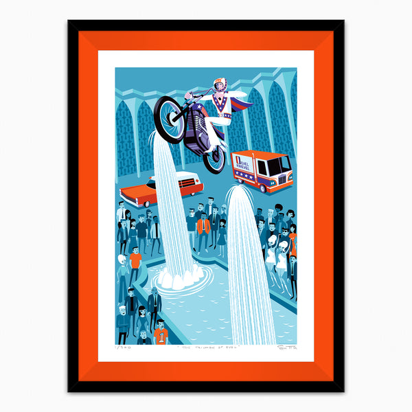 "The Triumph of Evel" Framed Fine Art Print | Officially Licensed | Evel Knievel ©️and ™️ K and K Enterprises, Inc. | Shag (Josh Agle) | Tangerine Liner | The Shag Store