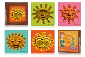 "Tiki Sun" Earthenware Coaster Set | Shag (Josh Agle) | The Shag Store (Package)