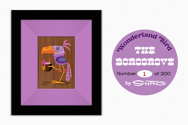 "Borogrove" Framed Fine Art Print Wood | Cocktail Birds of Wonderland | Shag (Josh Agle) | Lupine Liner | The Shag Store (COA Sticker)