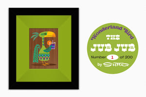 "Jub Jub" Framed Fine Art Print Wood | Cocktail Birds of Wonderland | Shag (Josh Agle) | Lime Liner | The Shag Store (COA Sticker)