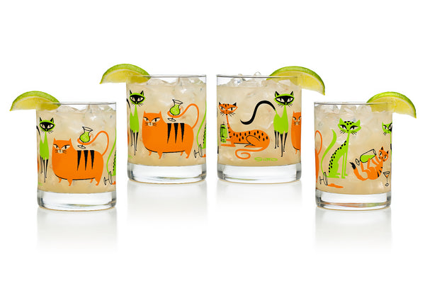 “Kitty Cocktail Party” Old Fashioned Glass Set | Lime Green & Orange Design | Shag (Josh Agle) | The Shag Store (Drinkware)