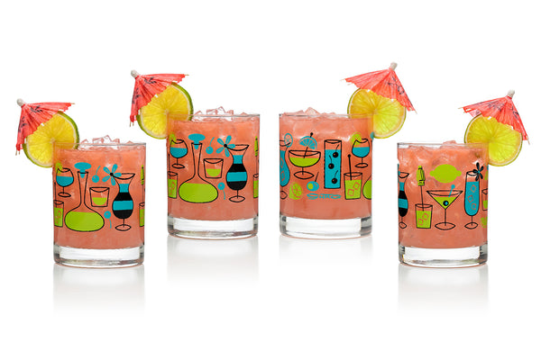 "Cocktails" Old Fashioned Glass Set | Turquoise & Green Design | Shag (Josh Agle) | The Shag Store (Drinkware)