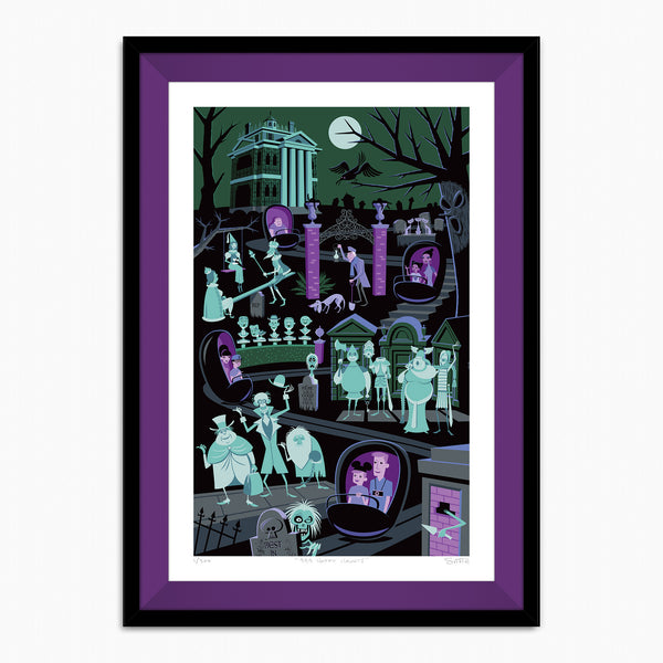 "999 Happy Haunts" Framed Fine Art Print | Disneyland's Haunted Mansion | Officially Licensed © Disney | Shag (Josh Agle) | Dark Violet Liner | The Shag Store