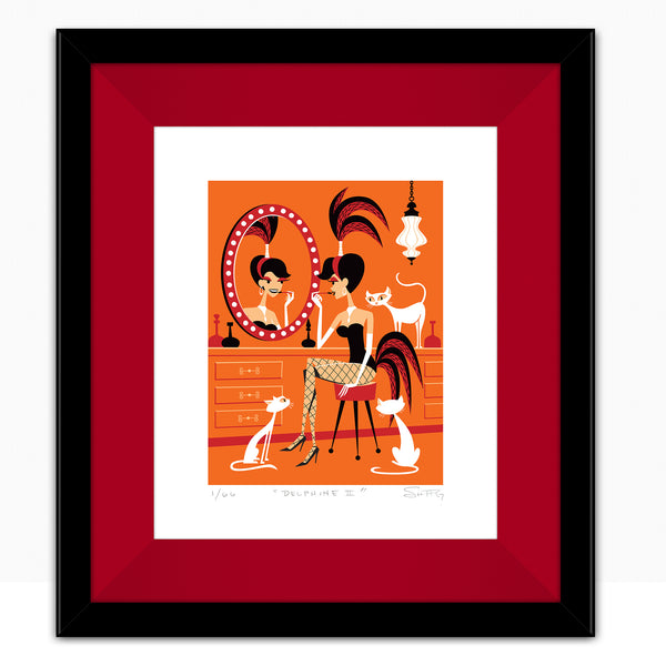 "Delphine 2" Framed Fine Art Print by Shag (Josh Agle) | Orange Colorway | Chinese Red Liner | The Shag Store