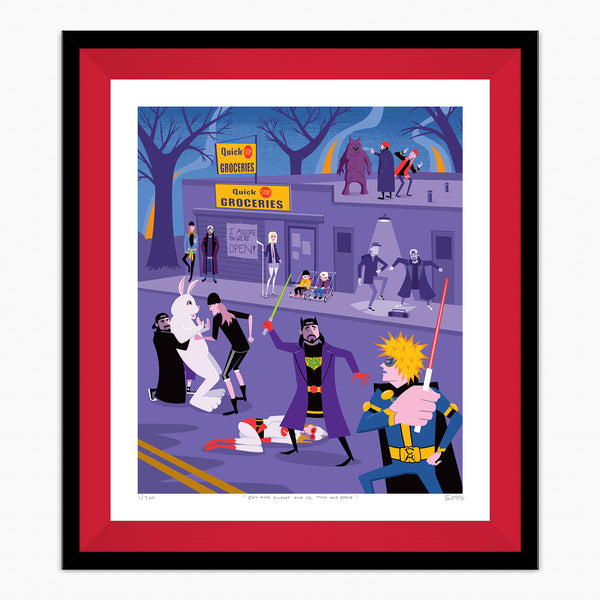 ”Jay & Silent Bob vs Time & Space” Fine Art Print by Shag (Josh Agle) | Framed in Red | The Shag Store