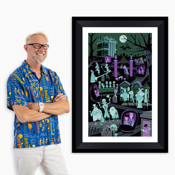 "999 Happy Haunts" Framed Fine Art Print with Shag (Josh Agle) | Disneyland's Haunted Mansion | Officially Licensed © Disney | Black Liner | The Shag Store
