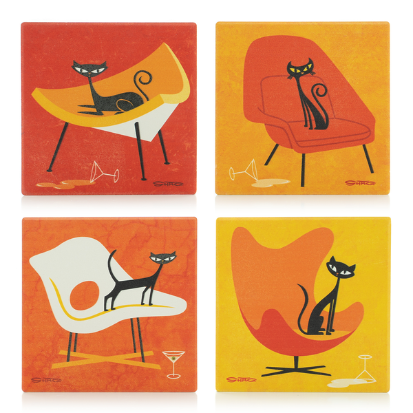 "Cats and Iconic Chairs" Earthenware Coaster Set | Shag (Josh Agle) | The Shag Store