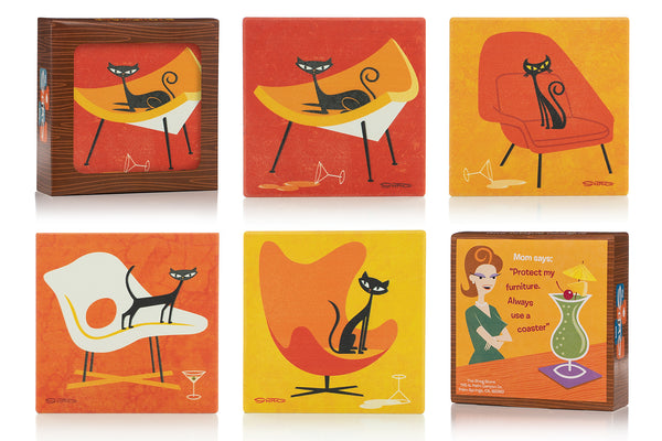 "Cats and Iconic Chairs" Earthenware Coaster Set with Package | Shag (Josh Agle) | The Shag Store