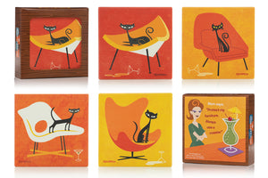 "Cats and Iconic Chairs" Earthenware Coaster Set | Shag (Josh Agle) | The Shag Store (Package)