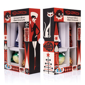 Shag's European Hand-Blown Glass Holiday Ornament Set | Shag (Josh Agle) | The Shag Store (Package Sides)