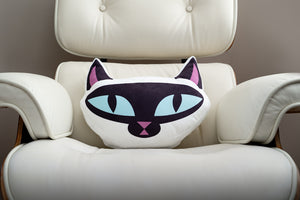 "White Cat" Throw Pillow | Shag (Josh Agle) | The Shag Store (Chair Front)