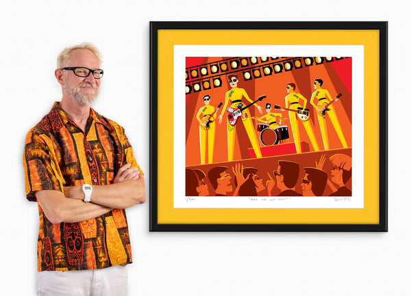 "Are We Not Men?" Framed Print with Shag (Josh Agle) | Official Devo Release | Corn Yellow | The Shag Store