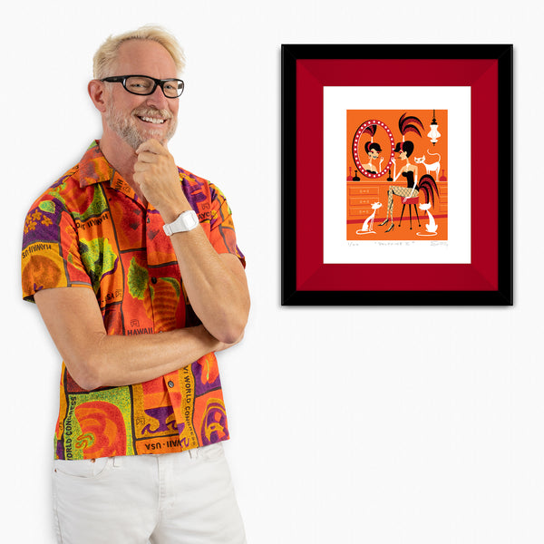 "Delphine 2" Framed Fine Art Print with Shag (Josh Agle) | Orange Colorway | Chinese Red Liner | The Shag Store