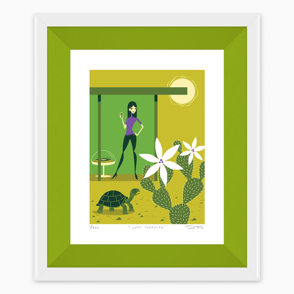 "The Lost Tortoise" Framed Fine Art Print | White Frame with Lime Liner | Shag (Josh Agle) | The Shag Store