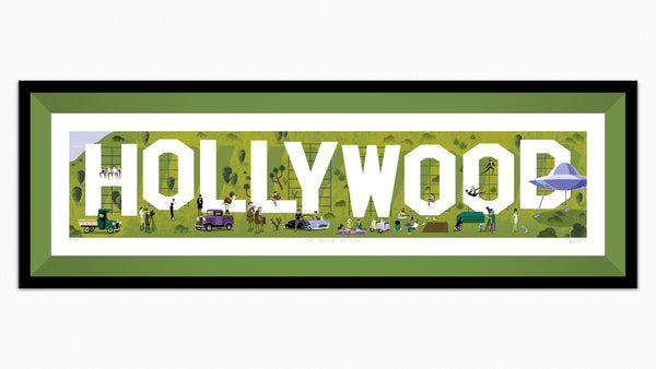 "The Moving Picture" Framed Fine Art Print | Hollywood Sign's 100th Anniversary | ©️ Hollywood Chamber of Commerce | Grass Green Liner | Shag (Josh Agle) | The Shag Store