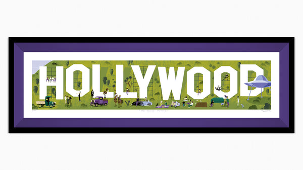 "The Moving Picture" Framed Fine Art Print | Hollywood Sign's 100th Anniversary | ©️ Hollywood Chamber of Commerce | Purple Liner | Shag (Josh Agle) | The Shag Store