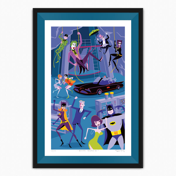 "Batcave Breach 2" Framed Fine Art Print with Teal Liner by Shag (Josh Agle) | DC Comics Batman | Blue Colorway | The Shag Store