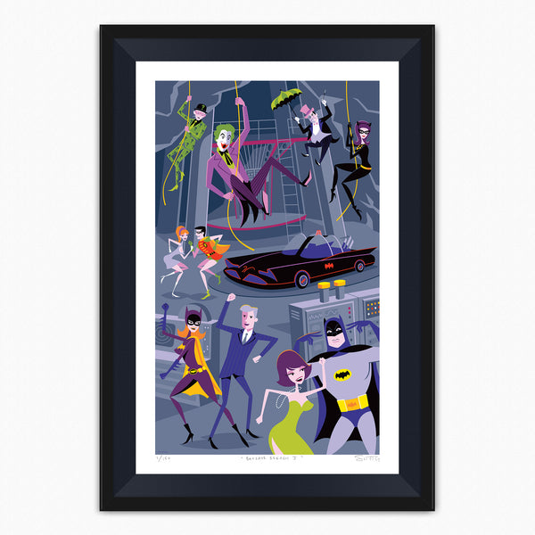 "Batcave Breach 1" Framed Fine Art Print with Black Liner by Shag (Josh Agle) | DC Comics Batman | Gray Colorway | The Shag Store