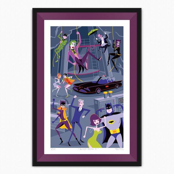 "Batcave Breach 1" Framed Fine Art Print with Eggplant Liner by Shag (Josh Agle) | DC Comics Batman | Gray Colorway | The Shag Store