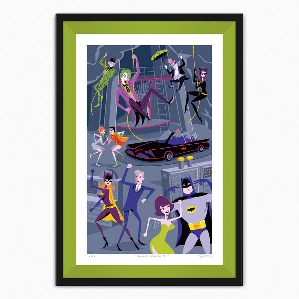 "Batcave Breach 1" Framed Fine Art Print with Lime Green Liner by Shag (Josh Agle) | DC Comics Batman | Gray Colorway | The Shag Store